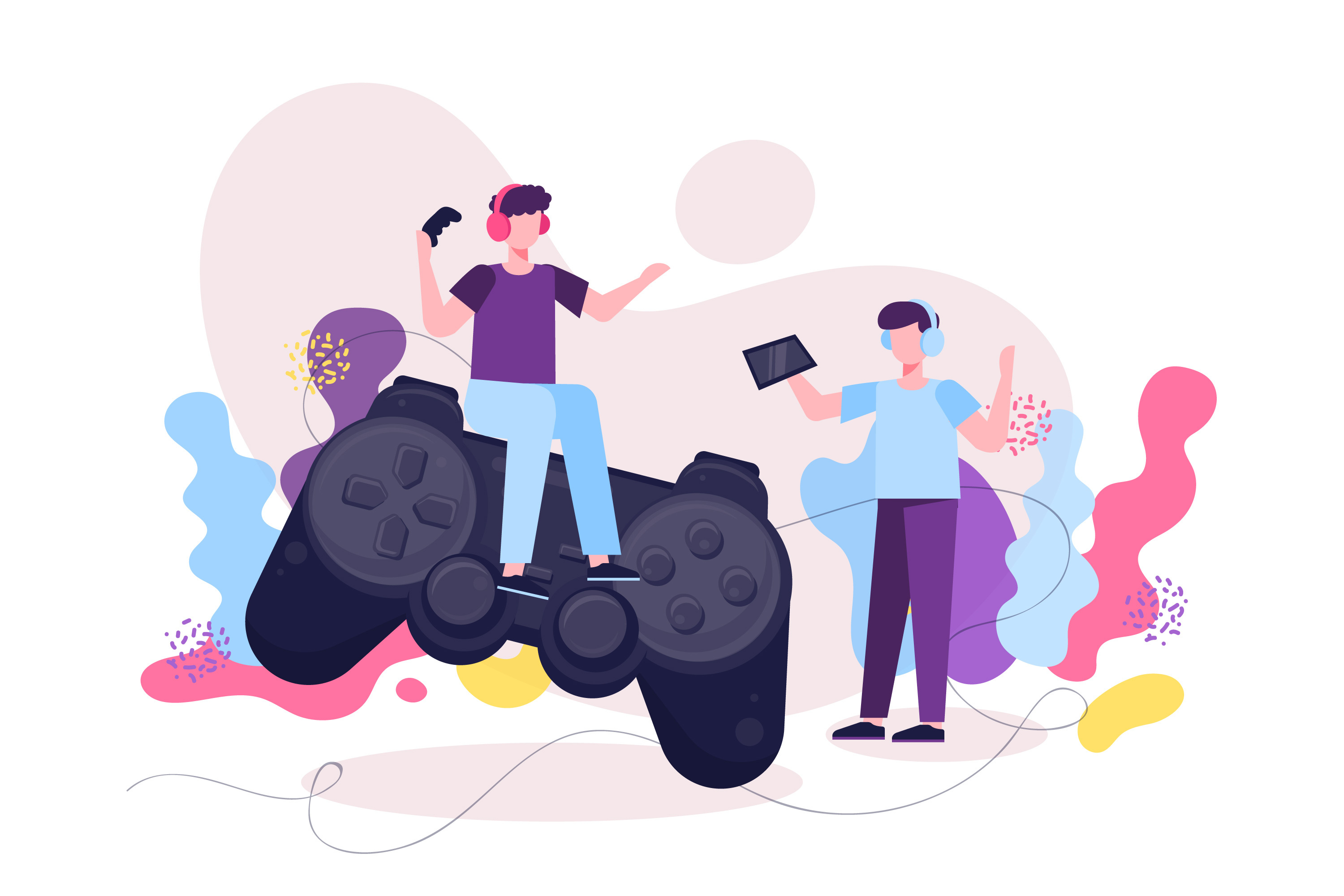 filler illustration of people and a video game consoles